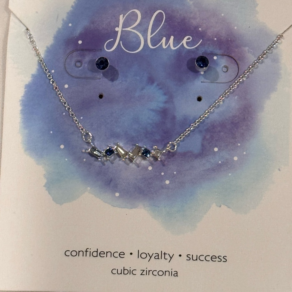 Silver Tone Blue CZ Stud Earrings and Necklace with CZ Accents